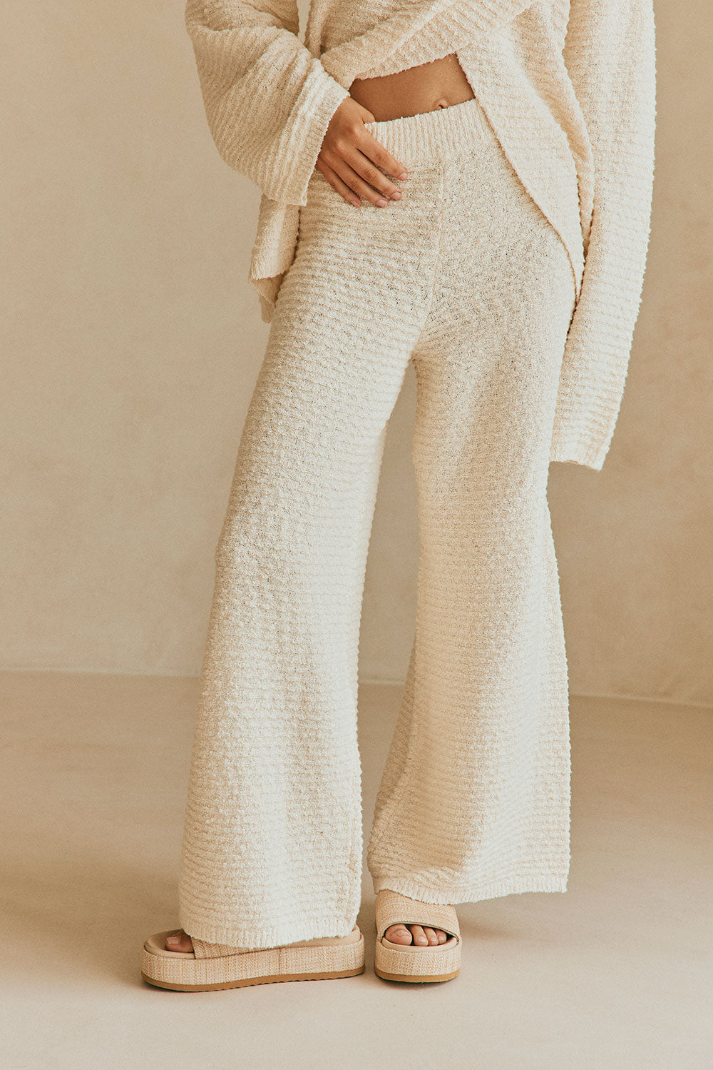 Cosy Cream Cotton Blend Boucle Knit Mara High - Waisted Wide - Leg Pants