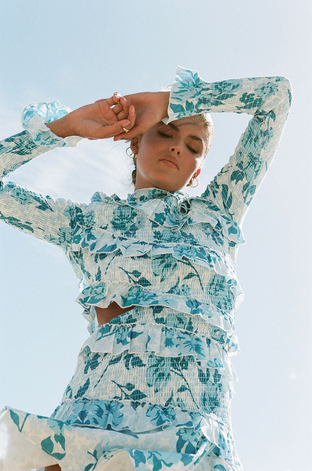 Elegant Rozalia Frilled Women's Dress with Azure Flora Print