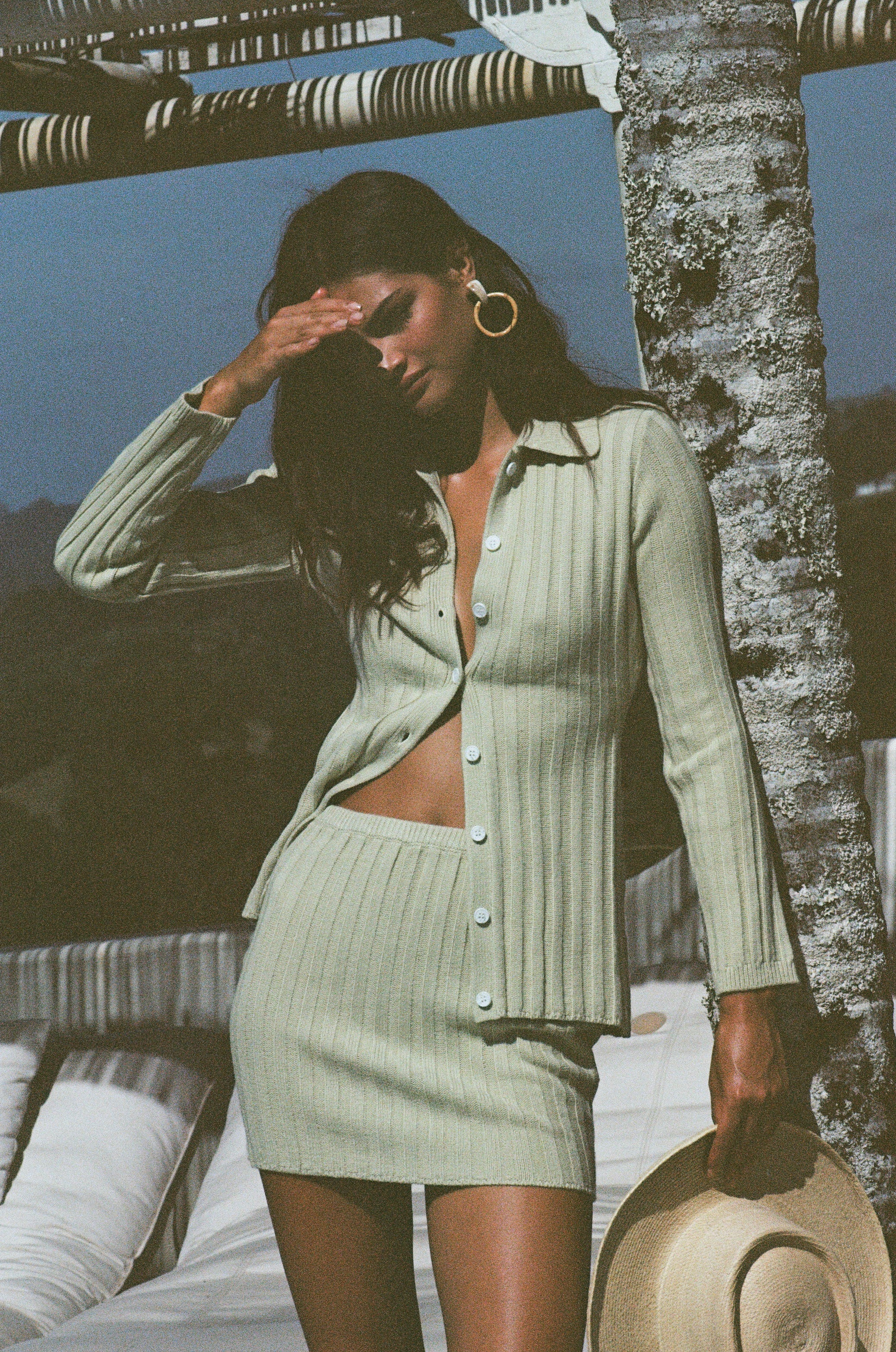 Pastel Green Ribbed Knit Longline Cora Top with Collar and Buttons