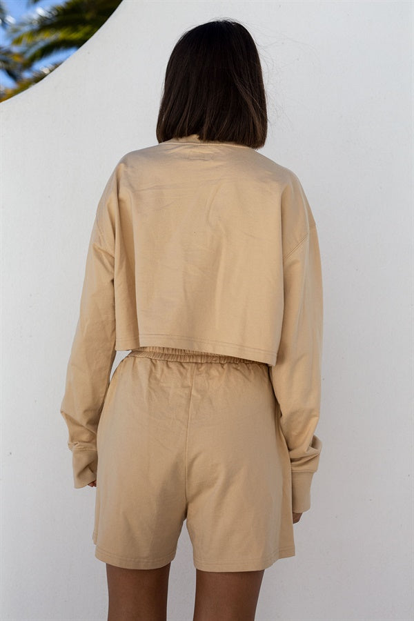 Tan Cropped Natural Cotton Terryback Barros Sweater with Black Detailing