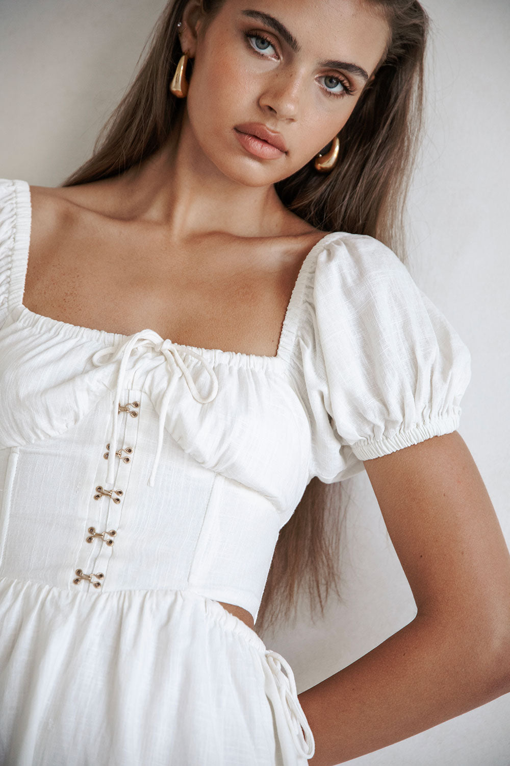 Elegant Off - White Viscose Linen Blend Mase Women's Dress