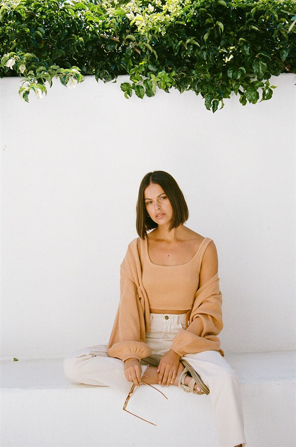 Evalia Cardigan - Tan with Full - Length Puff Sleeves