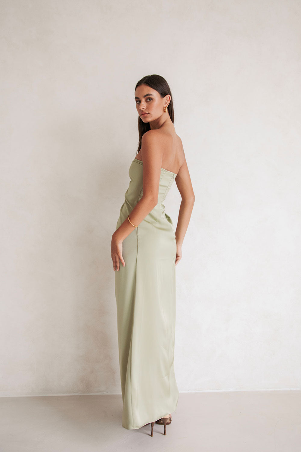 Alyssia Sage Green Matte Silky Strapless Maxi Dress