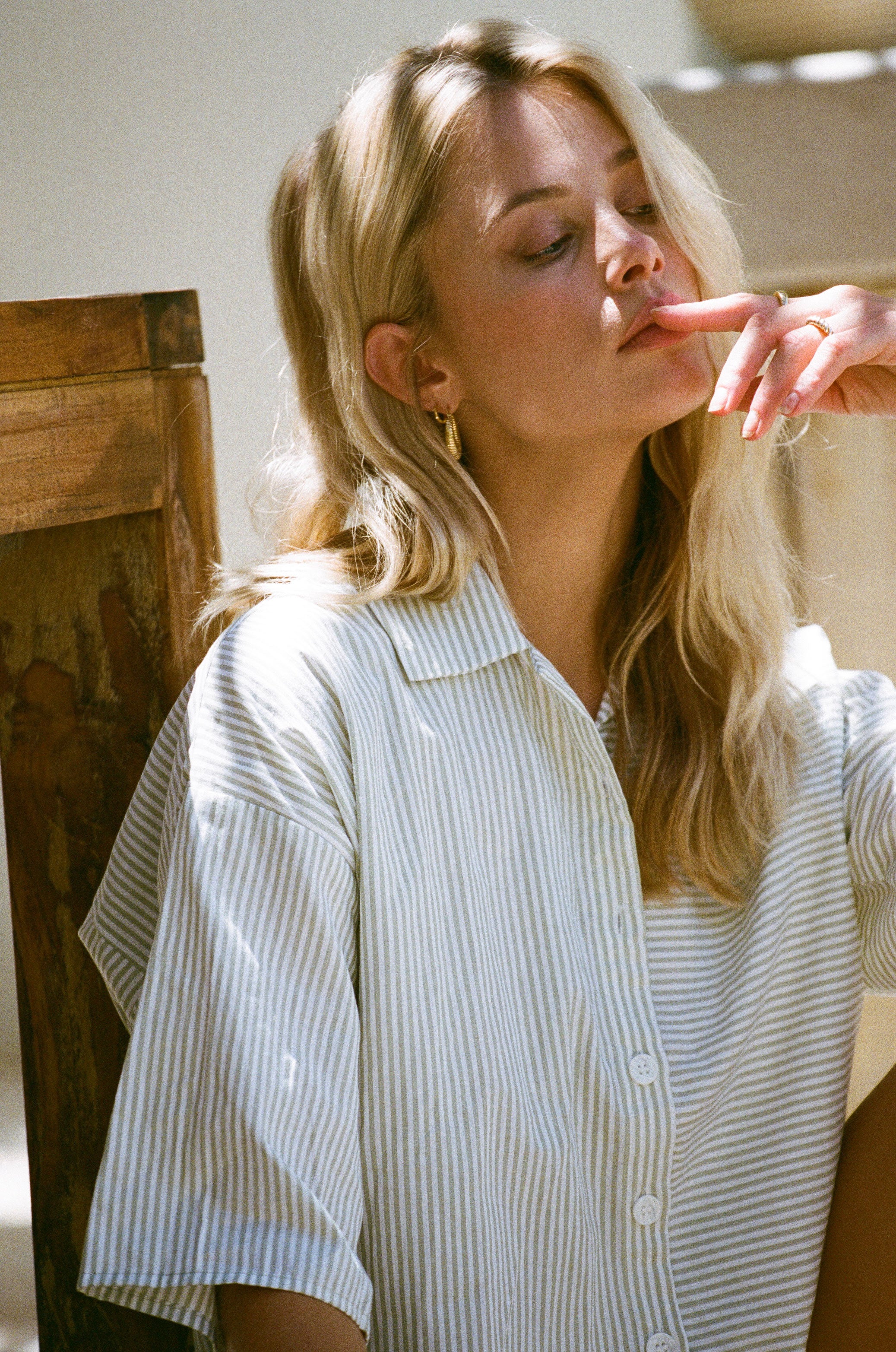 Sea Foam Striped Natural Cotton Voile Kase Women's Top