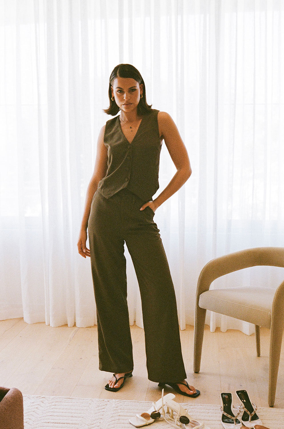 Luxurious Ashy Brown Chocolate Suiting Remi Top for Girls