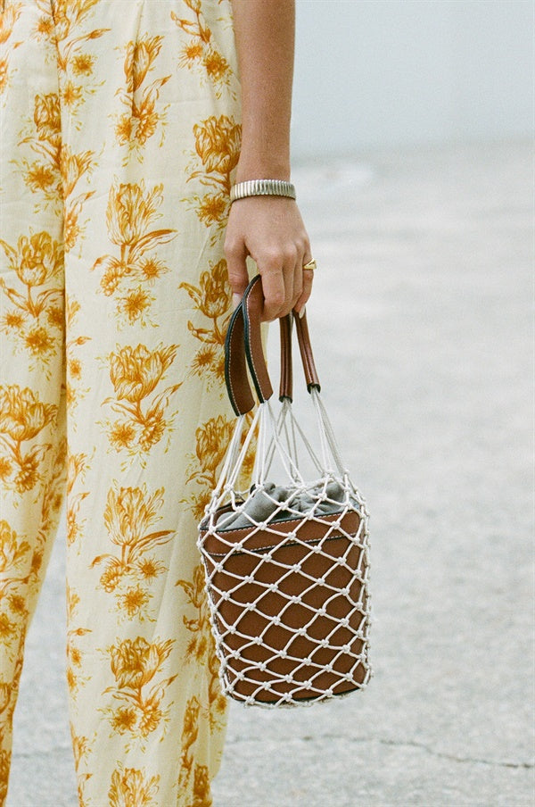 Stylish Tan Vegan Leather Macrame Net Bucket Style Handbag