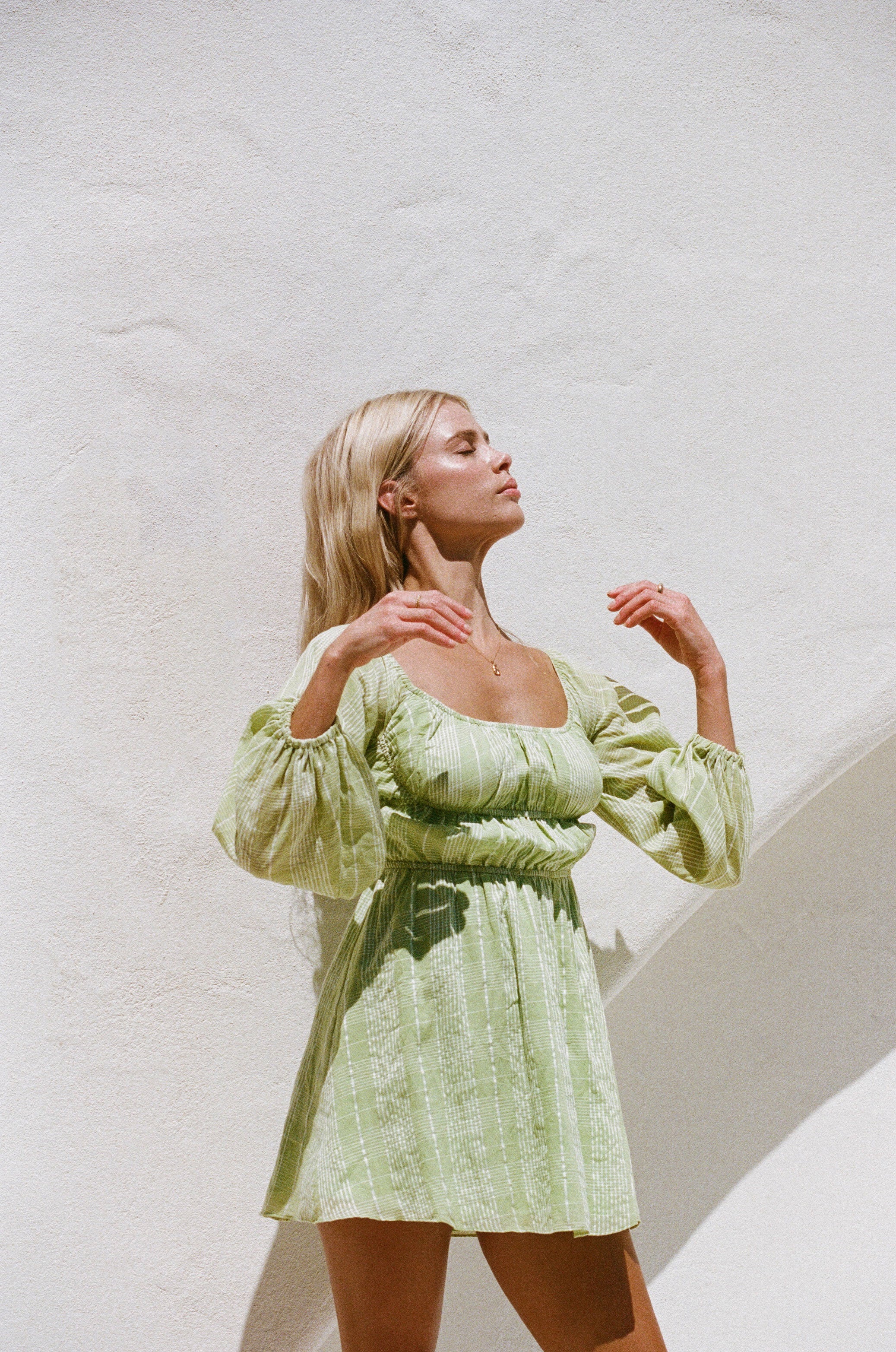 Sabo's Exclusive Lightweight Green White Plaid Off Shoulder Puff Sleeve Dress