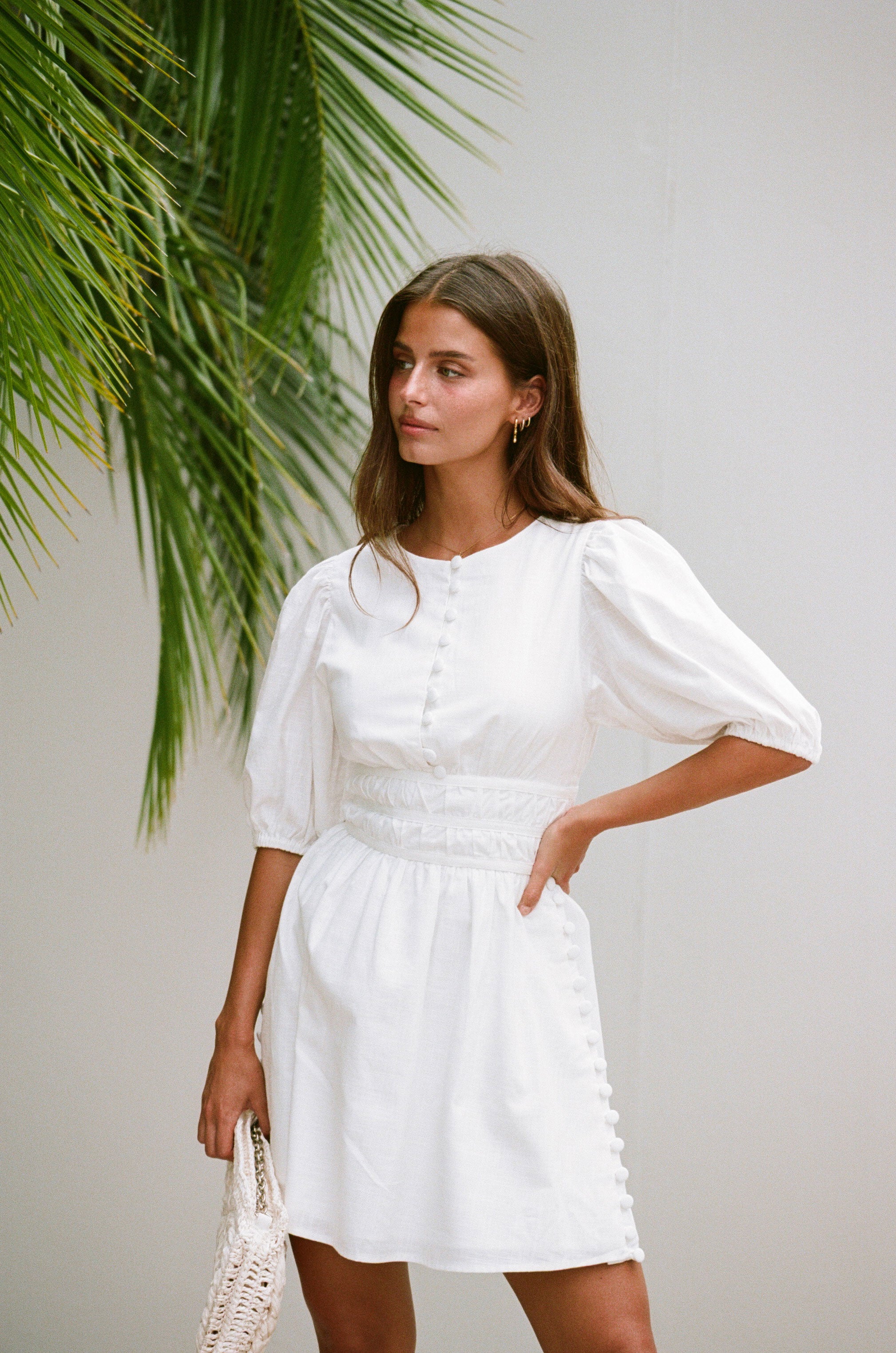Exquisite White Natural Cotton Slub Saint - Germain Button Dress