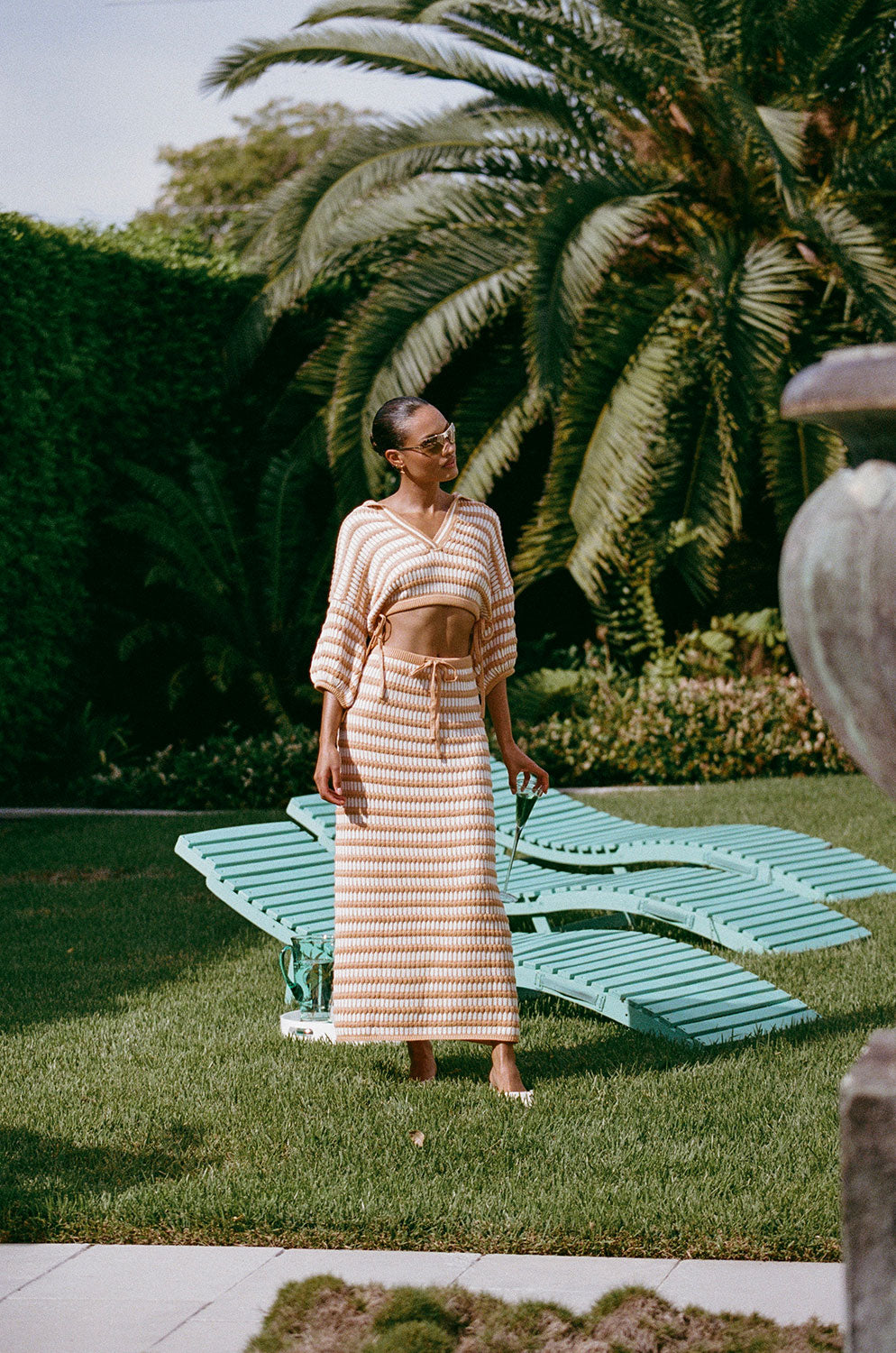 Vintage-Inspired Off-White Knit Midi Skirt with Contrast Stripes - Mati Style