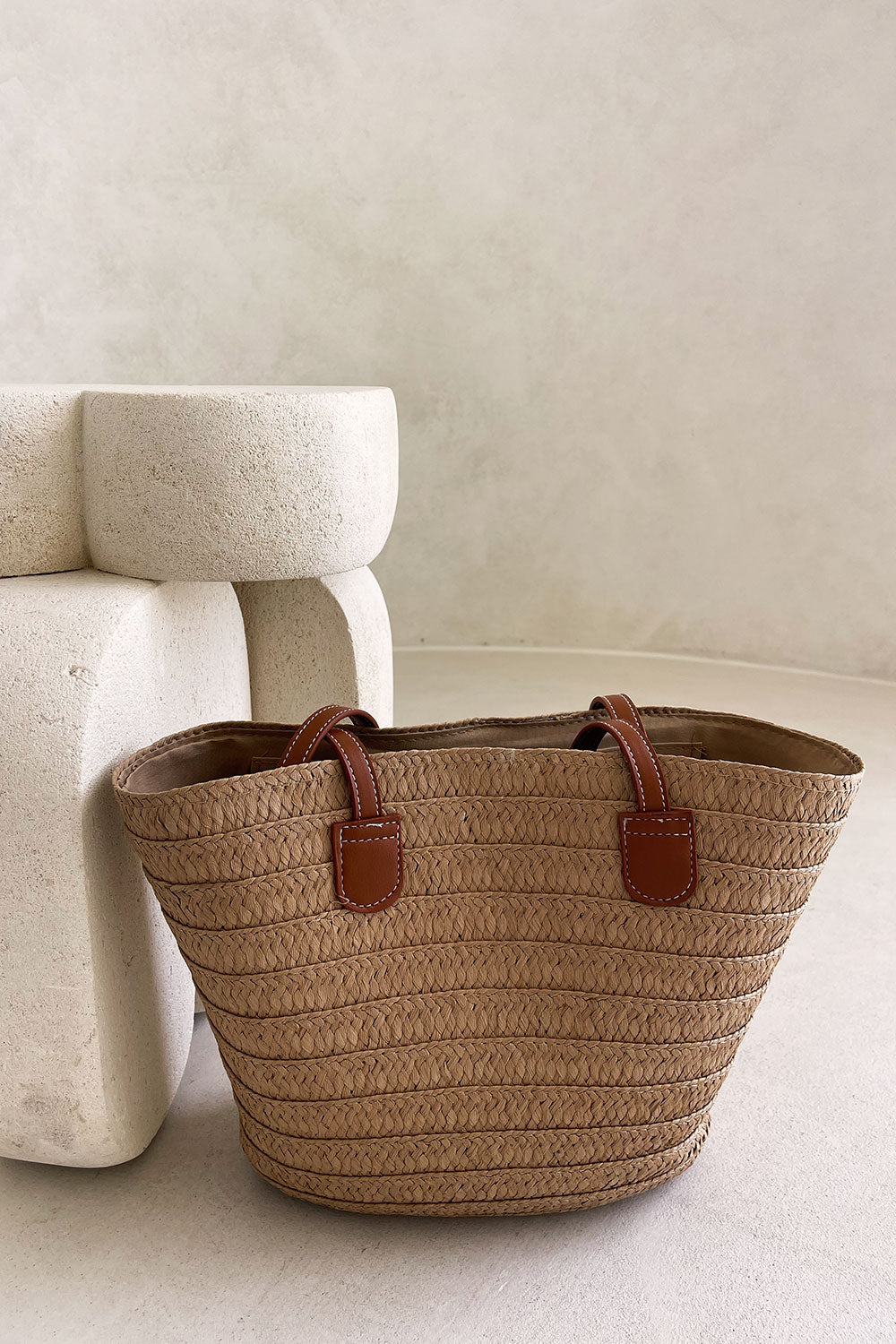 Stylish Xena Tan Vegan Leather Handle Basket Tote for Beach