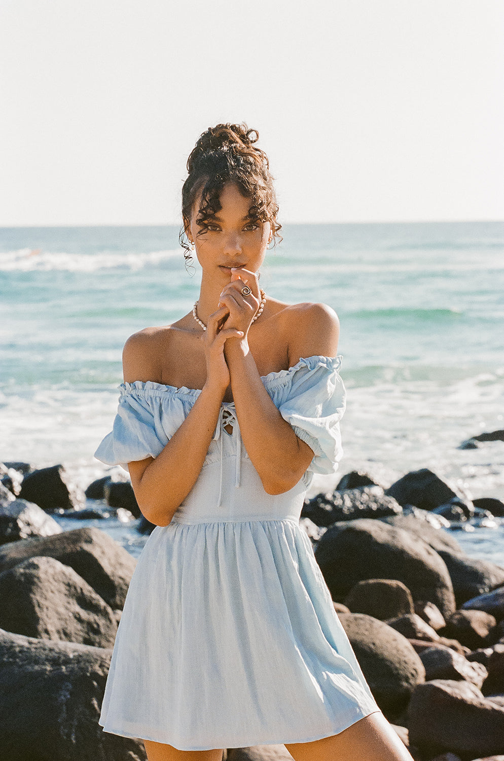 Blue Nyrobi Off - Shoulder Dress with Puff Sleeves and Corset Waist