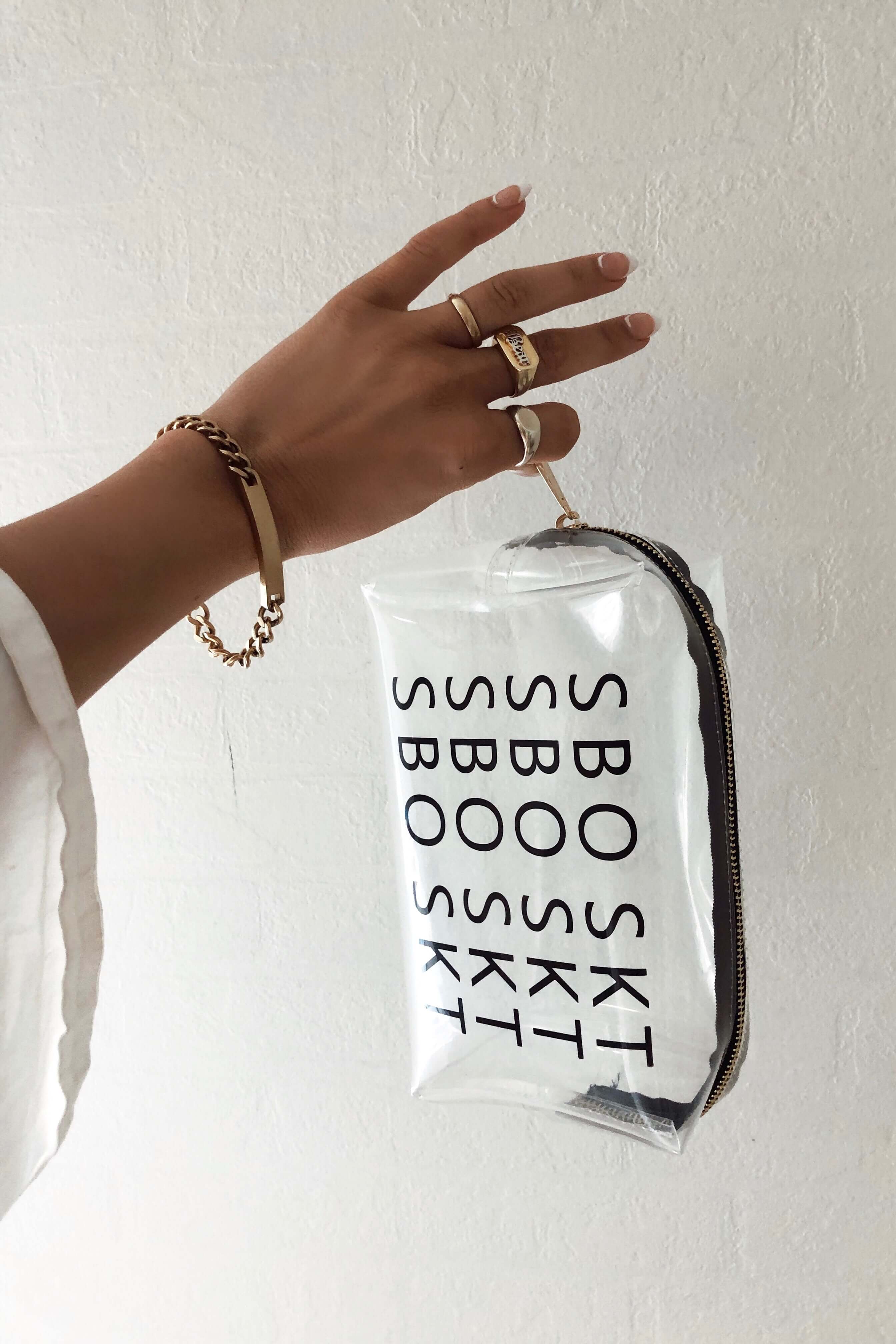 Sabo Skirt Transparent Cosmetic Bag with Black Printing and Gold Zip