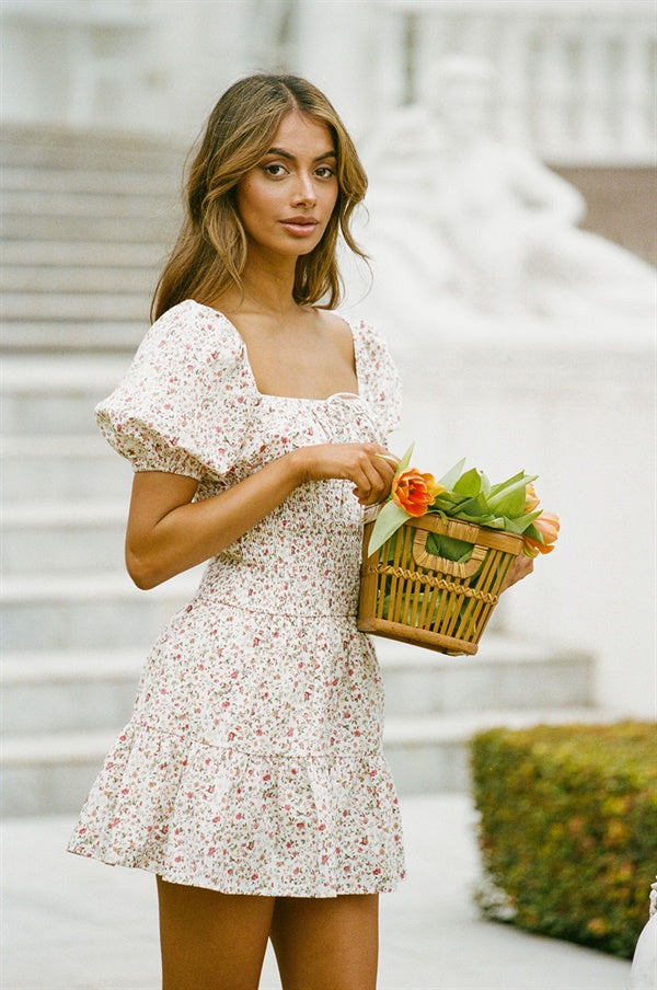 Blossom Floral Print White Cotton Aloe Women's Dress for Weekend Outings
