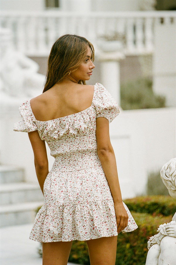 Blossom Floral Print White Cotton Aloe Women's Dress for Weekend Outings