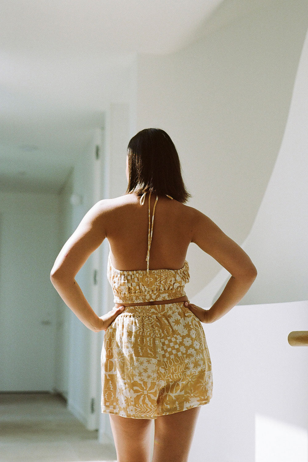 Exquisite Natural Cotton Madeira Playsuit with Tan Canyon Print