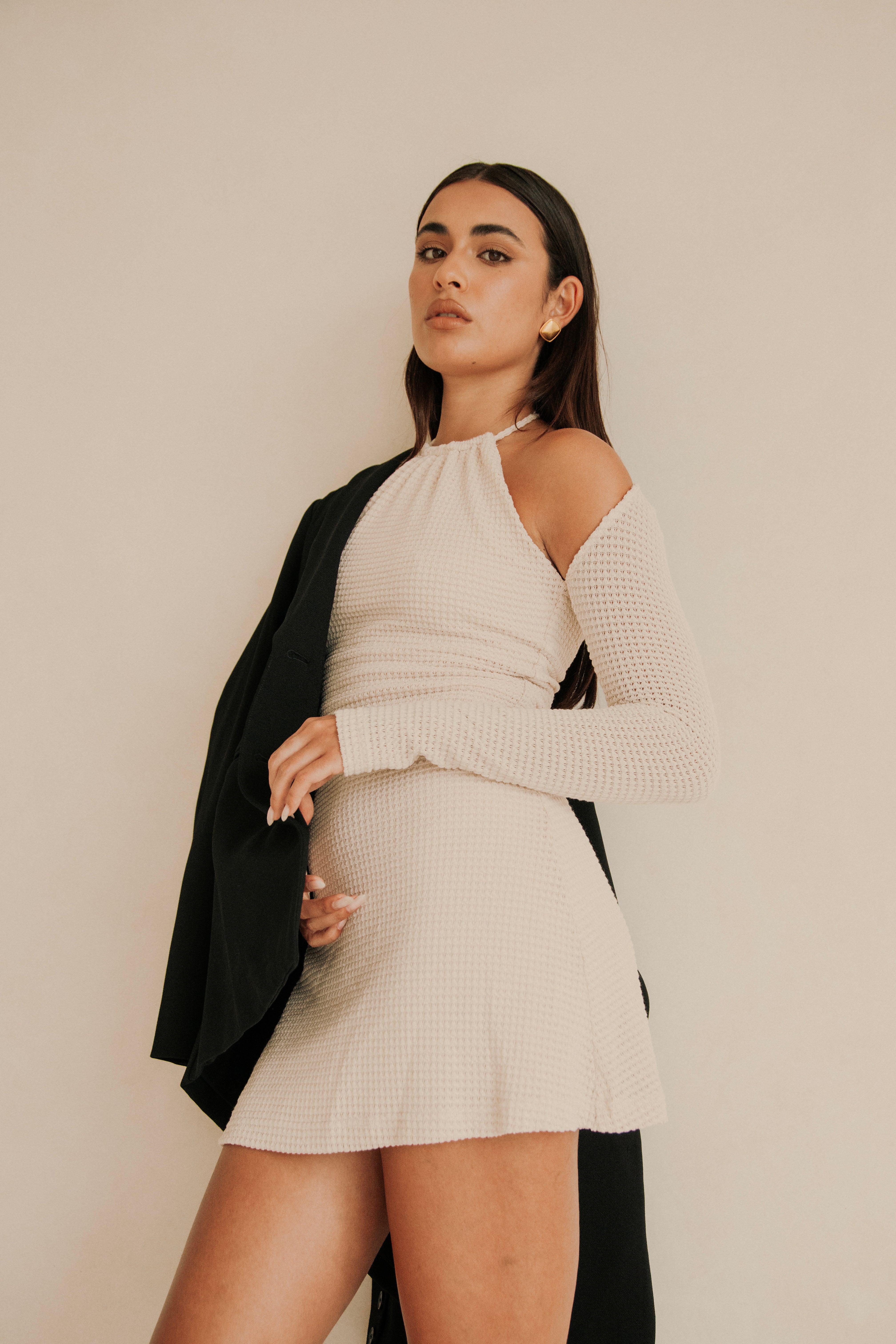 Beige Textured Waffle Fabric 90's Inspired Mahnee Flared Mini Dress