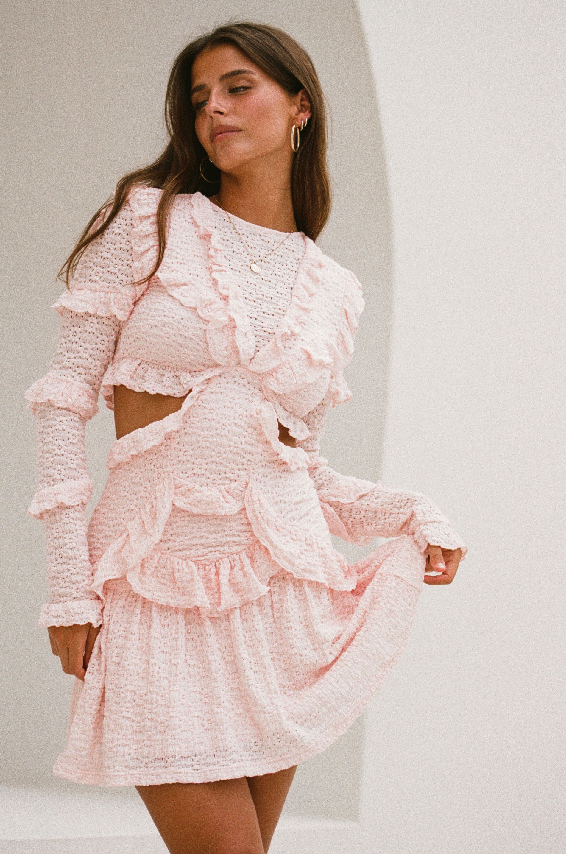 Sabo's Exclusively Designed Soft Pink Feminine Dara Frilled Evening Dress