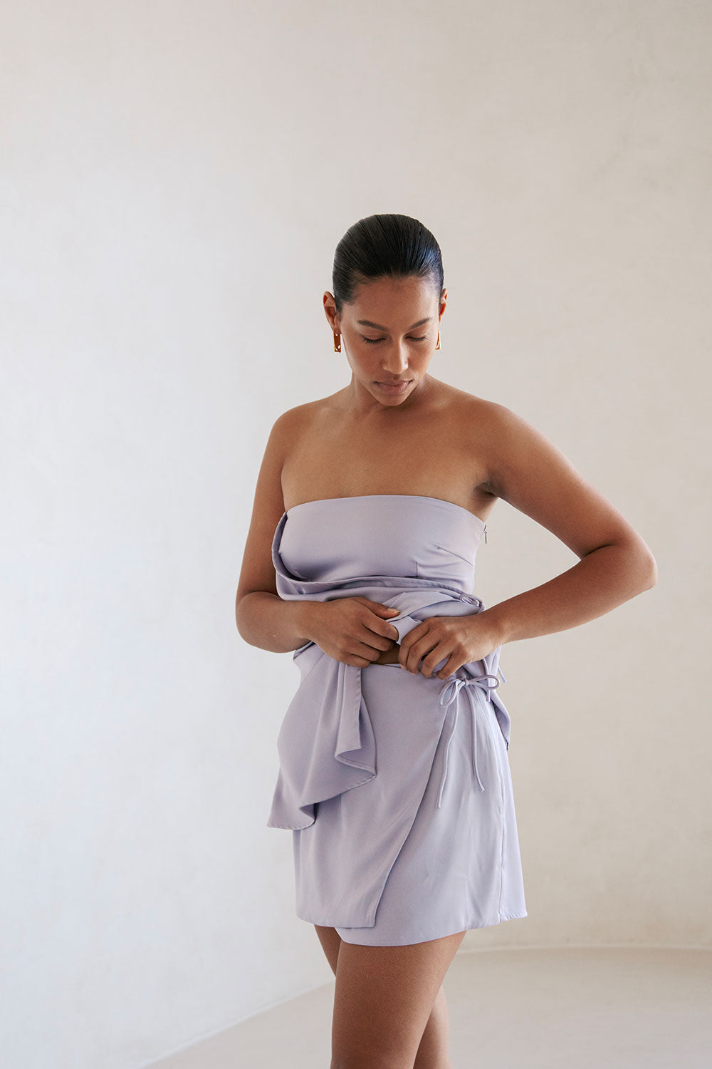 Sabo Exclusive Lilac Matte Silky High-Waisted Wrap Mini Skirt - Kleo