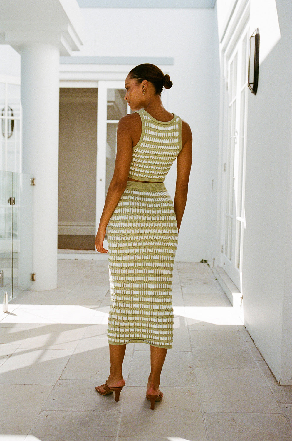 Vintage-Inspired Sage and White Textured Knit Cropped Heather Stripe Top