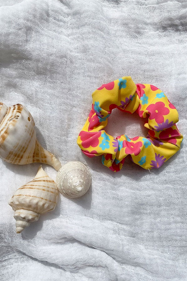 Vintage Floral Hair Scrunchie in Bright Yellow Shade