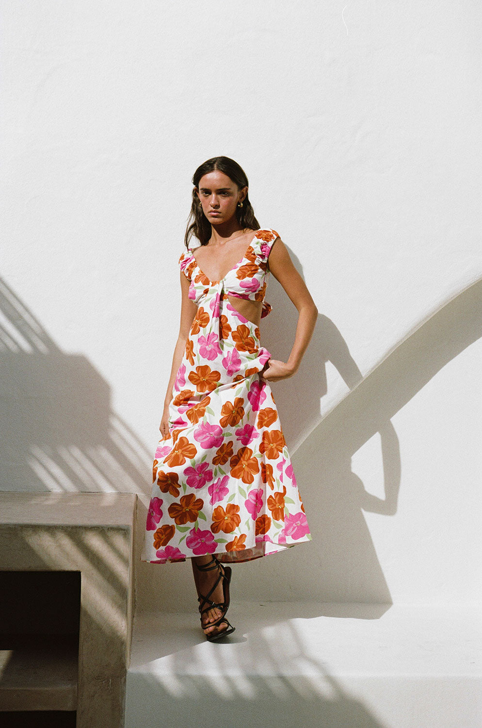 Exclusive Rosa Fill Printed High - Quality Natural Cotton Kameliya Midi Dress