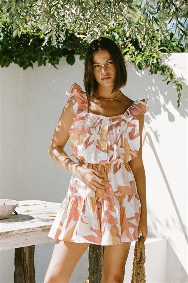 Exclusive Blush Floral Printed Linen Cotton Blend Mao Dress with Ruffles
