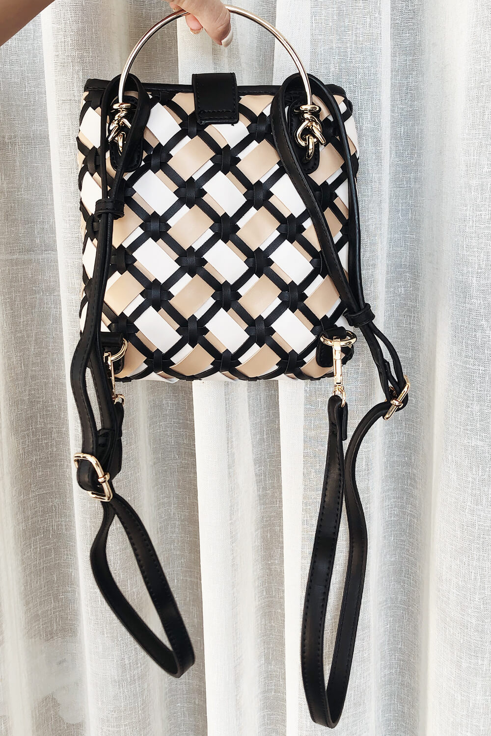 Sabo-Designed Off-White, Beige and Black Woven Vegan Leather Lattice Mini Backpack