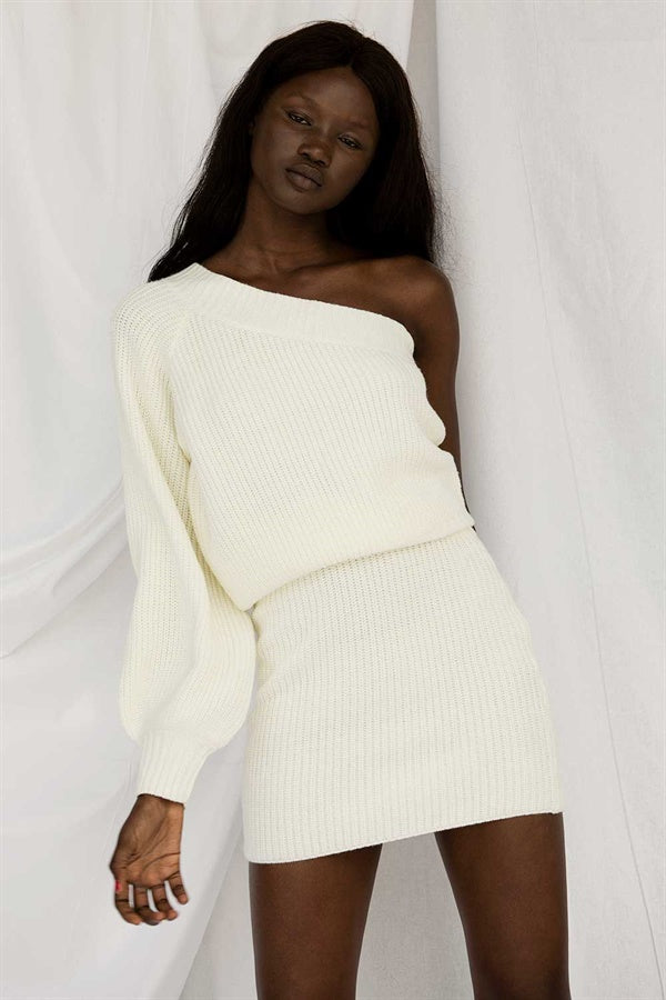 Soft Cream Ribbed One-Shoulder Long Sleeve Lucia Knit Top