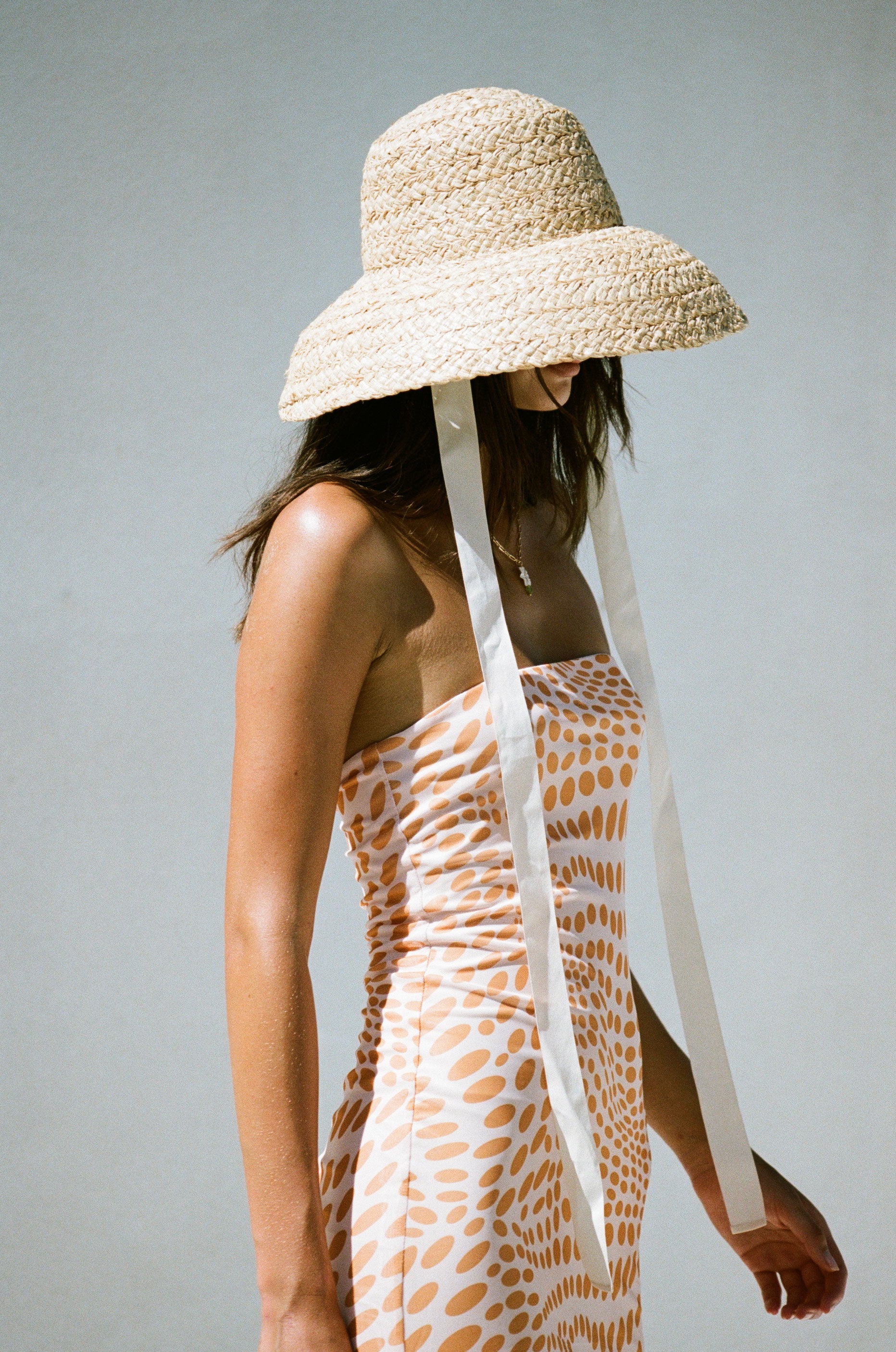 Stylish Orange - Spotted Stretch Mikai Midi Strapless Dress