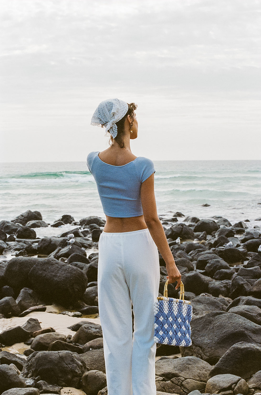 Soft Ribbed Blue Ocean Top with Cap Sleeves and Cropped Hem