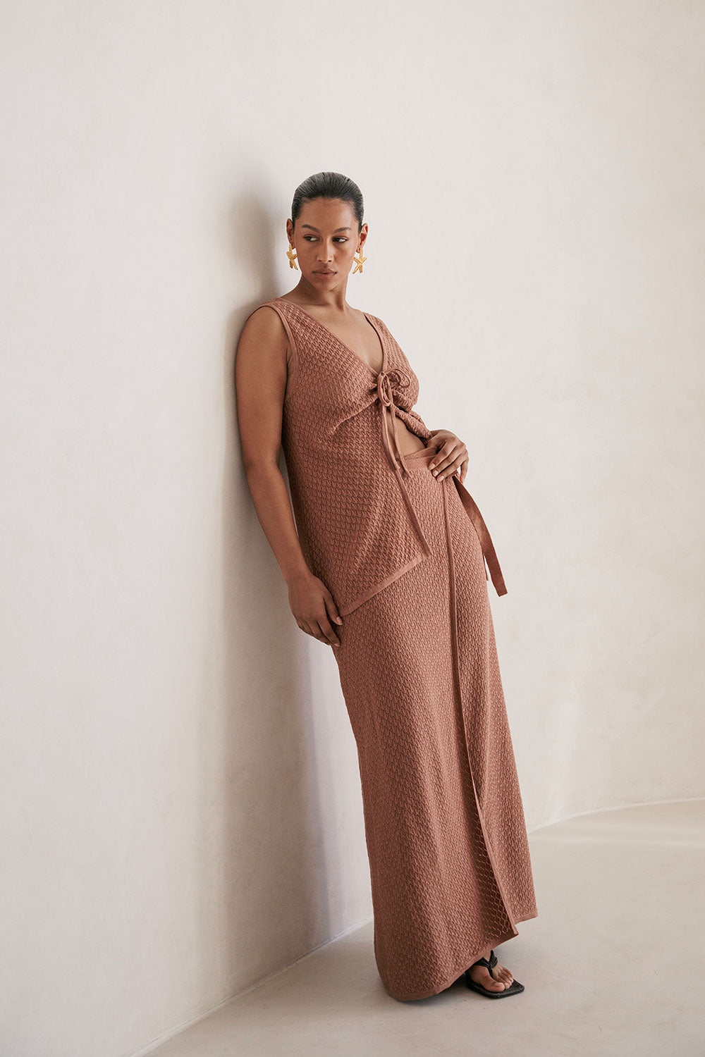 Tan Cotton Blend Pointelle Knit High Waisted Wrap Front Maxi Sonnet Skirt