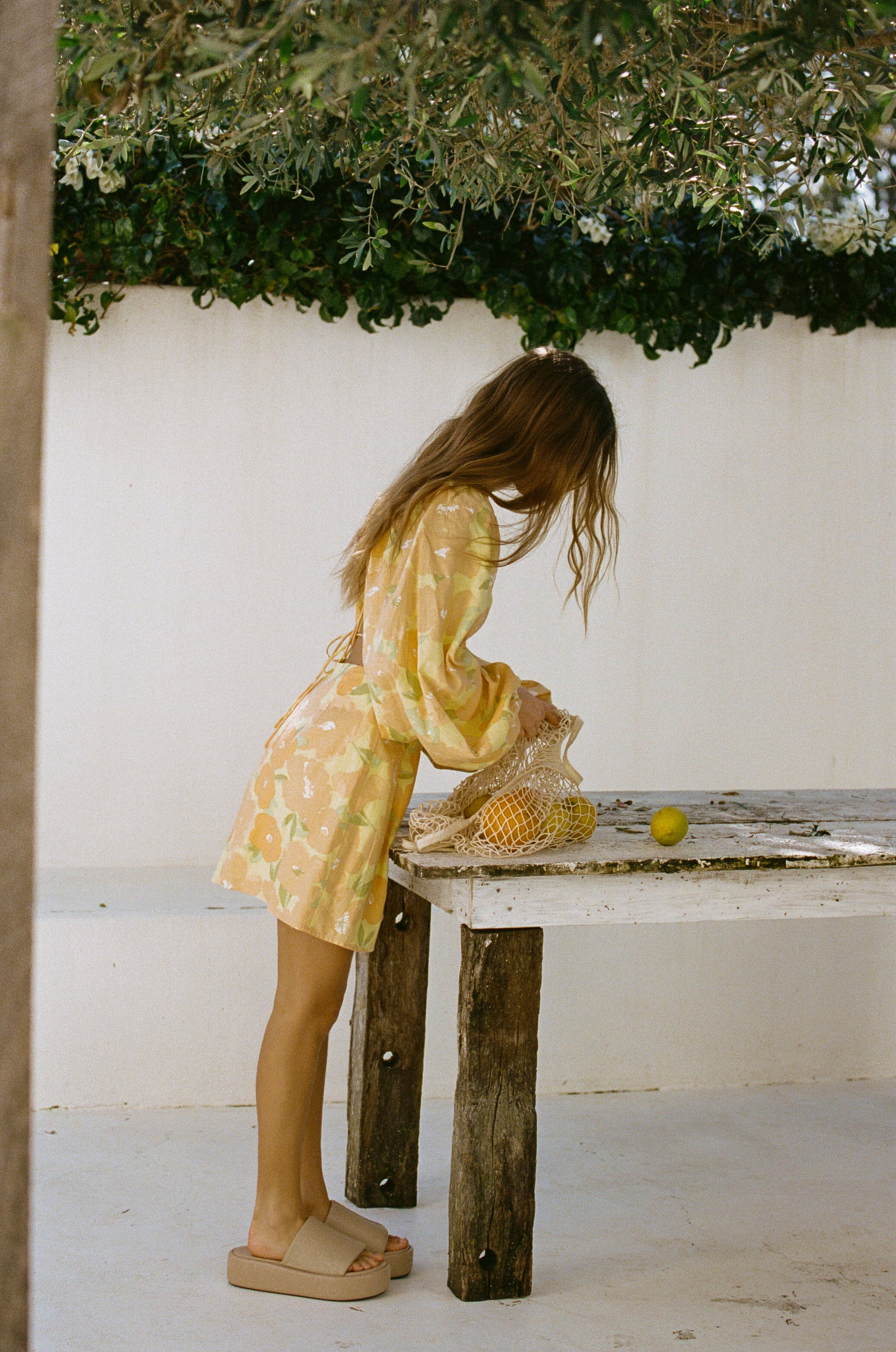 Exclusive Floral Citrus Print Backless Linen Cotton Blend Zhuri Dress