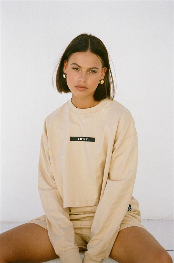 Tan Cropped Natural Cotton Terryback Barros Sweater with Black Detailing