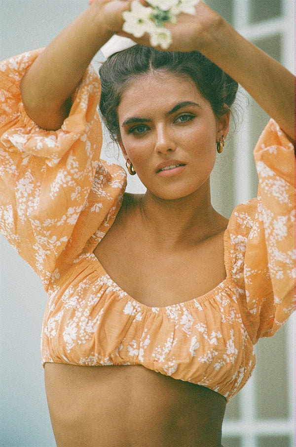 Sabo-Designed Orange Speckled Floral Print Jazmin Bandeau Summer Party Top