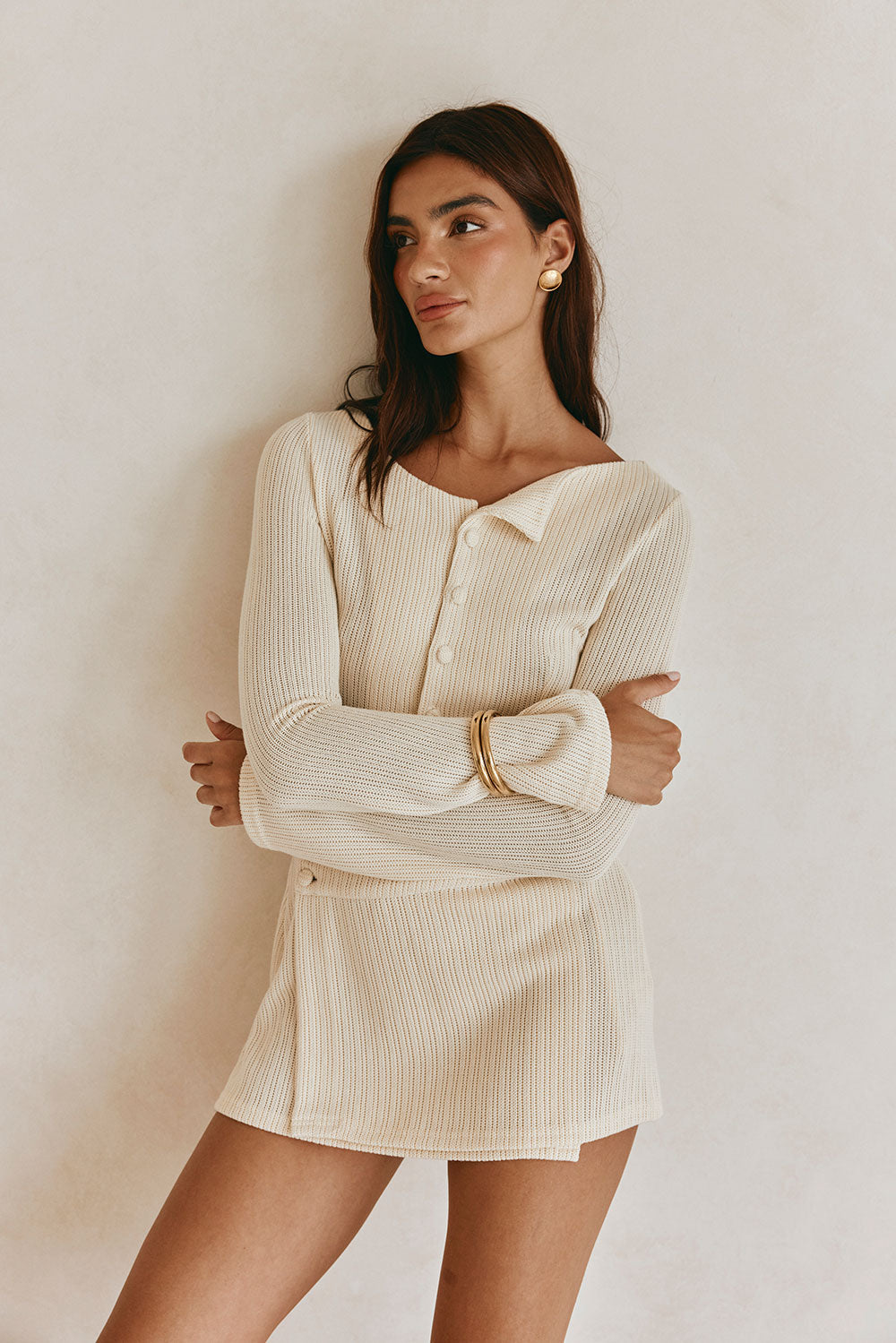 Beige Soft Pointelle Jersey Violette Wrap Mini Dress by Sabo