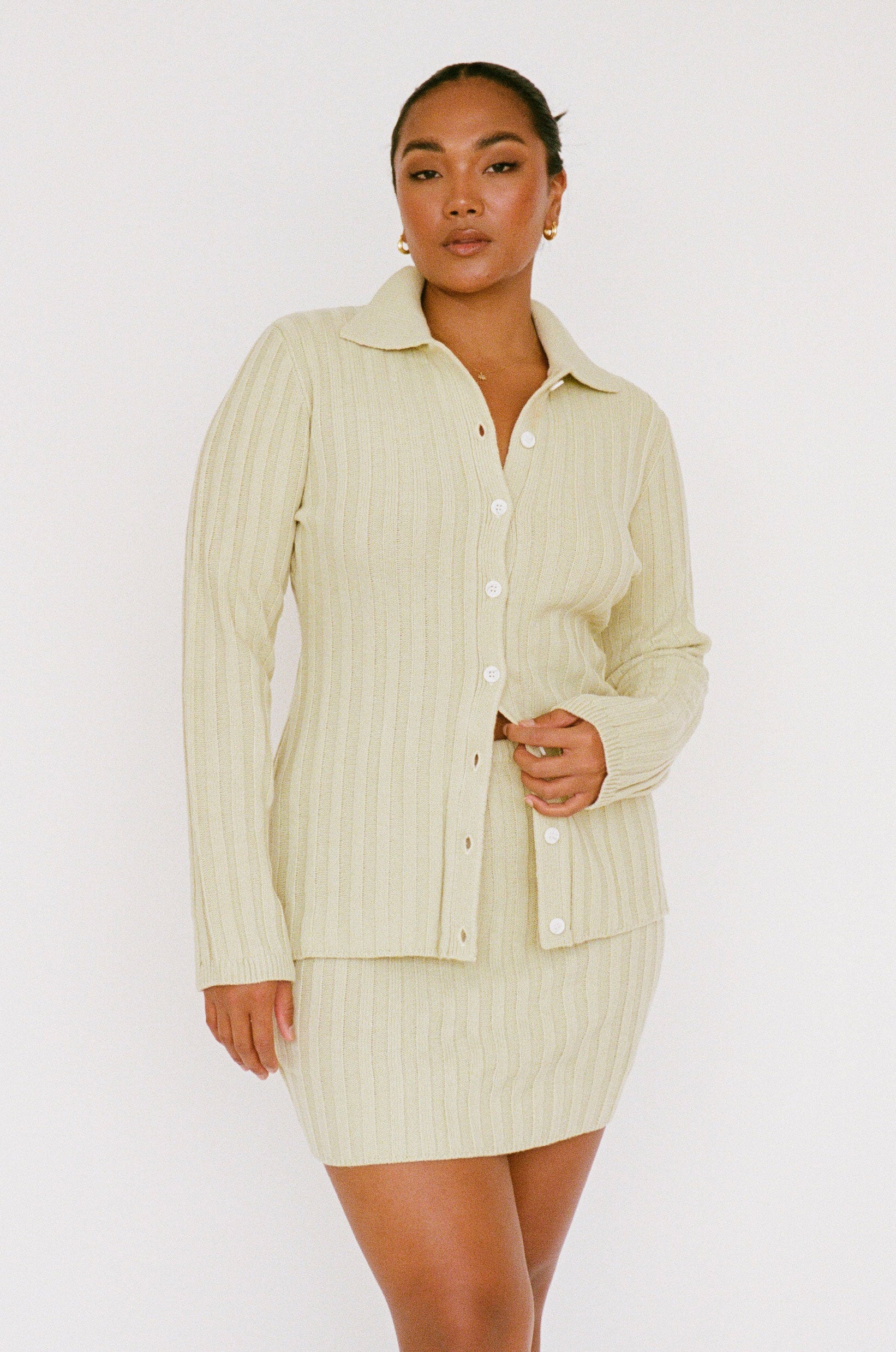Pastel Green Ribbed Knit Longline Cora Top with Collar and Buttons