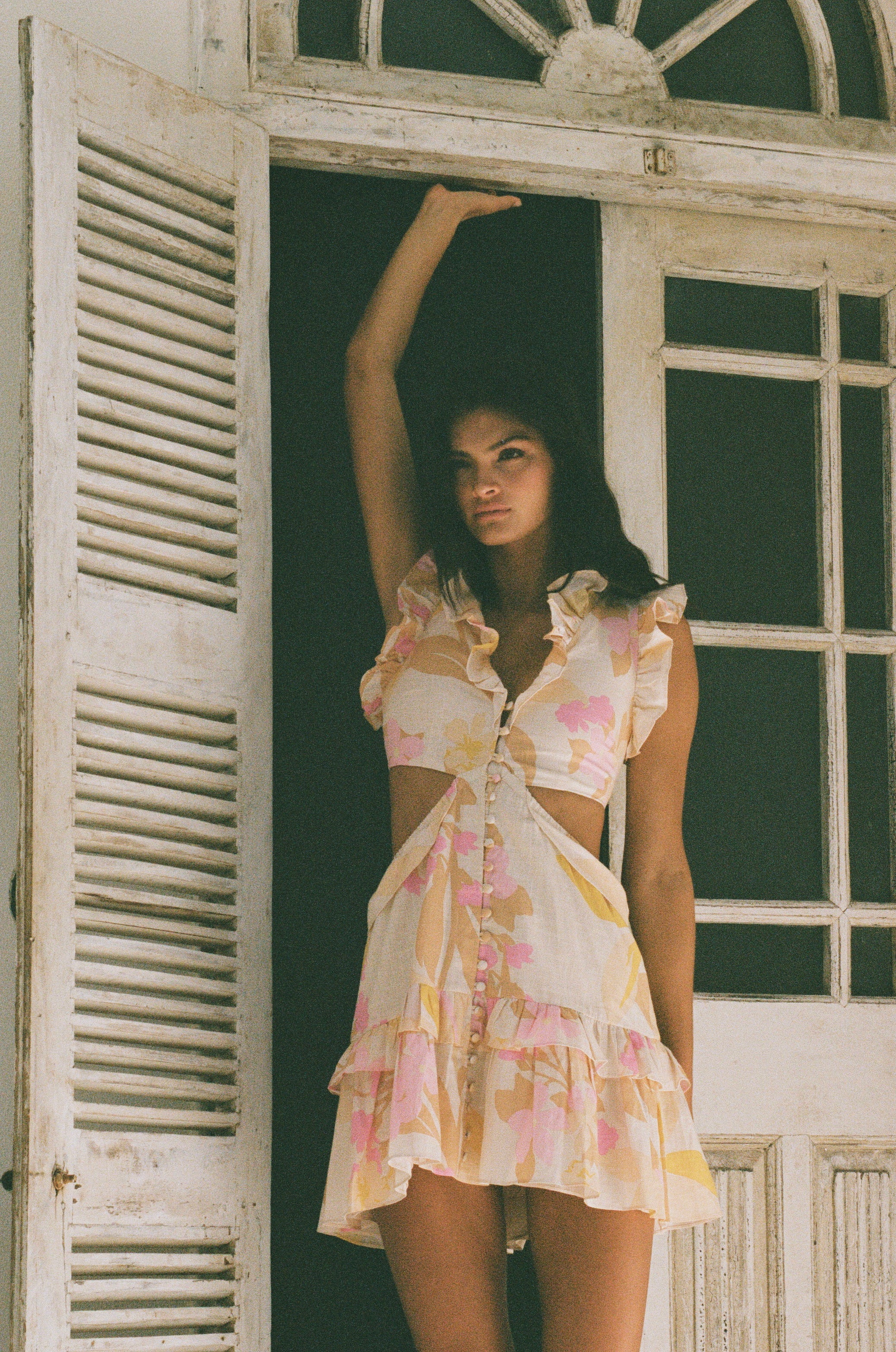Exclusive Vintage-Print Evaia Cotton Slub Frill Dress