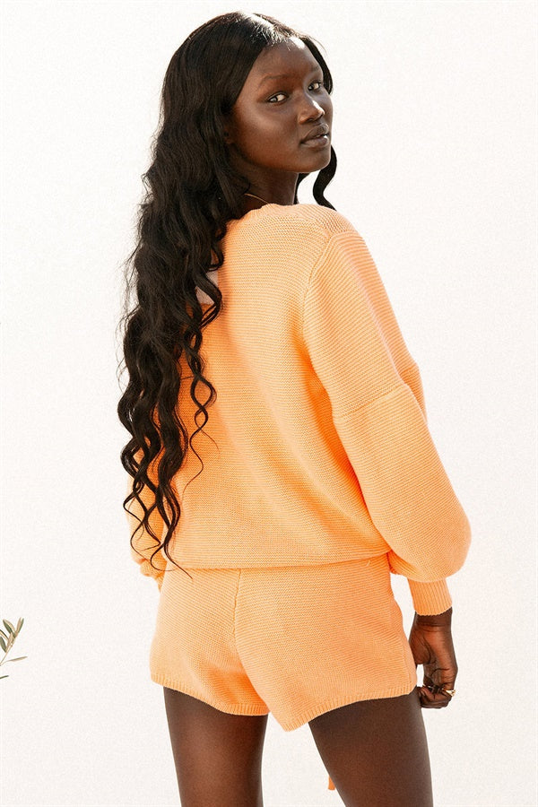 Comfortable Orange-Hued Natural Knitted Cotton Peach Knit Women's Top