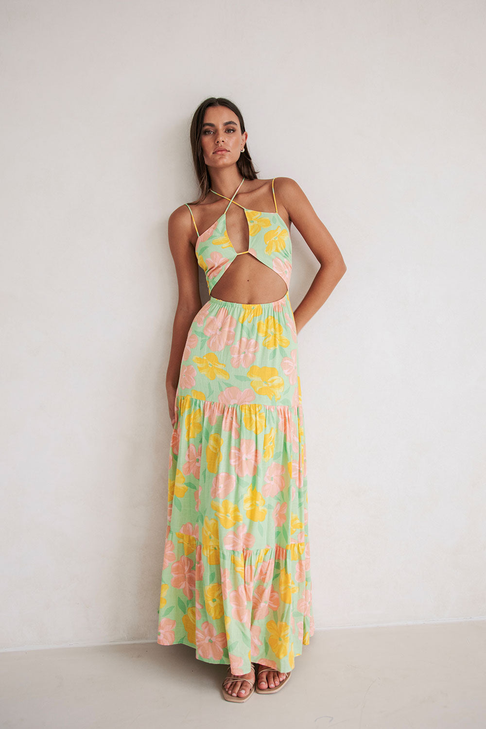 High - Quality Viscose Linen Blend Addis Dress with Rose Fill Print in Green