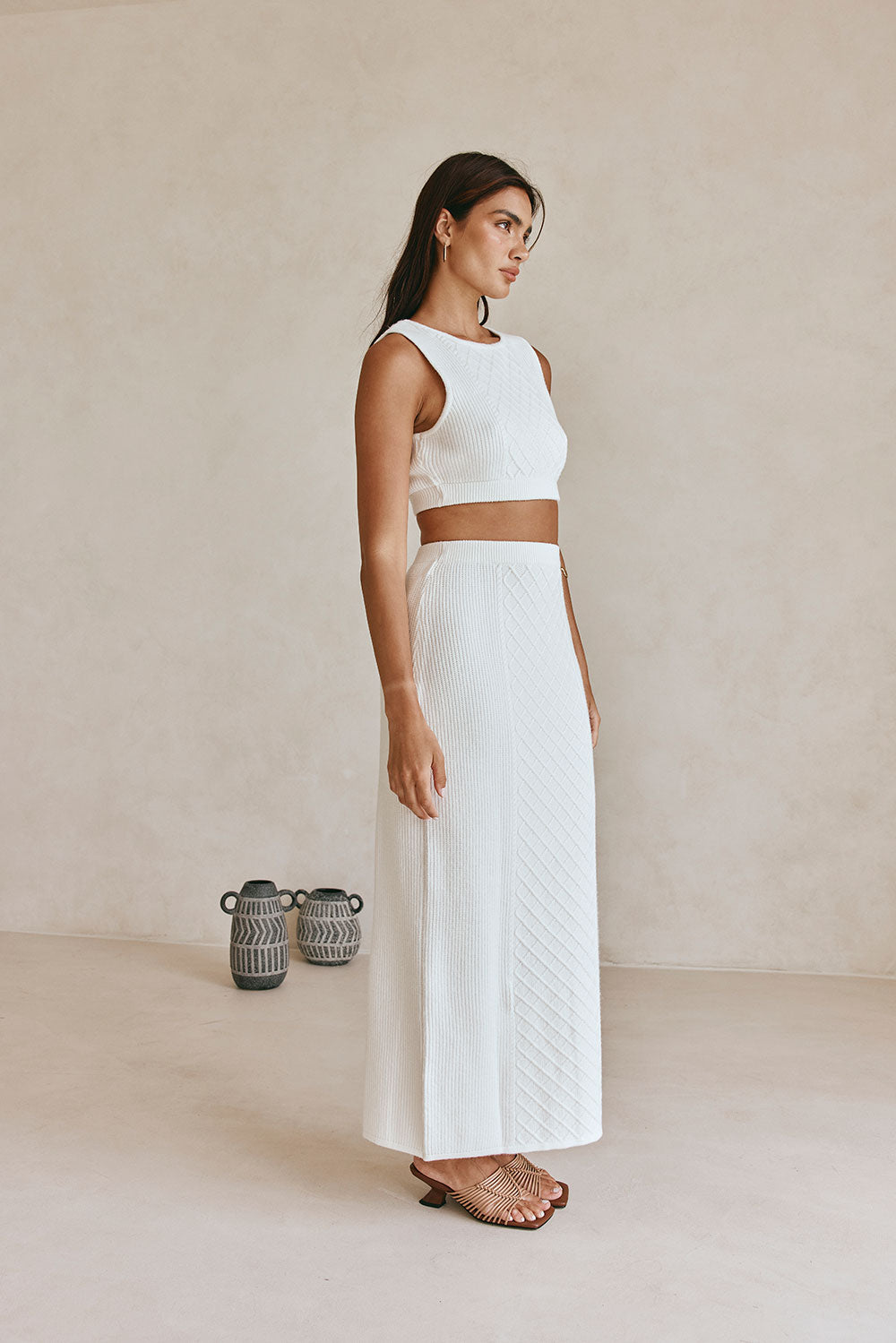 Off-White Soft Cable Knit Lotus Crop Top