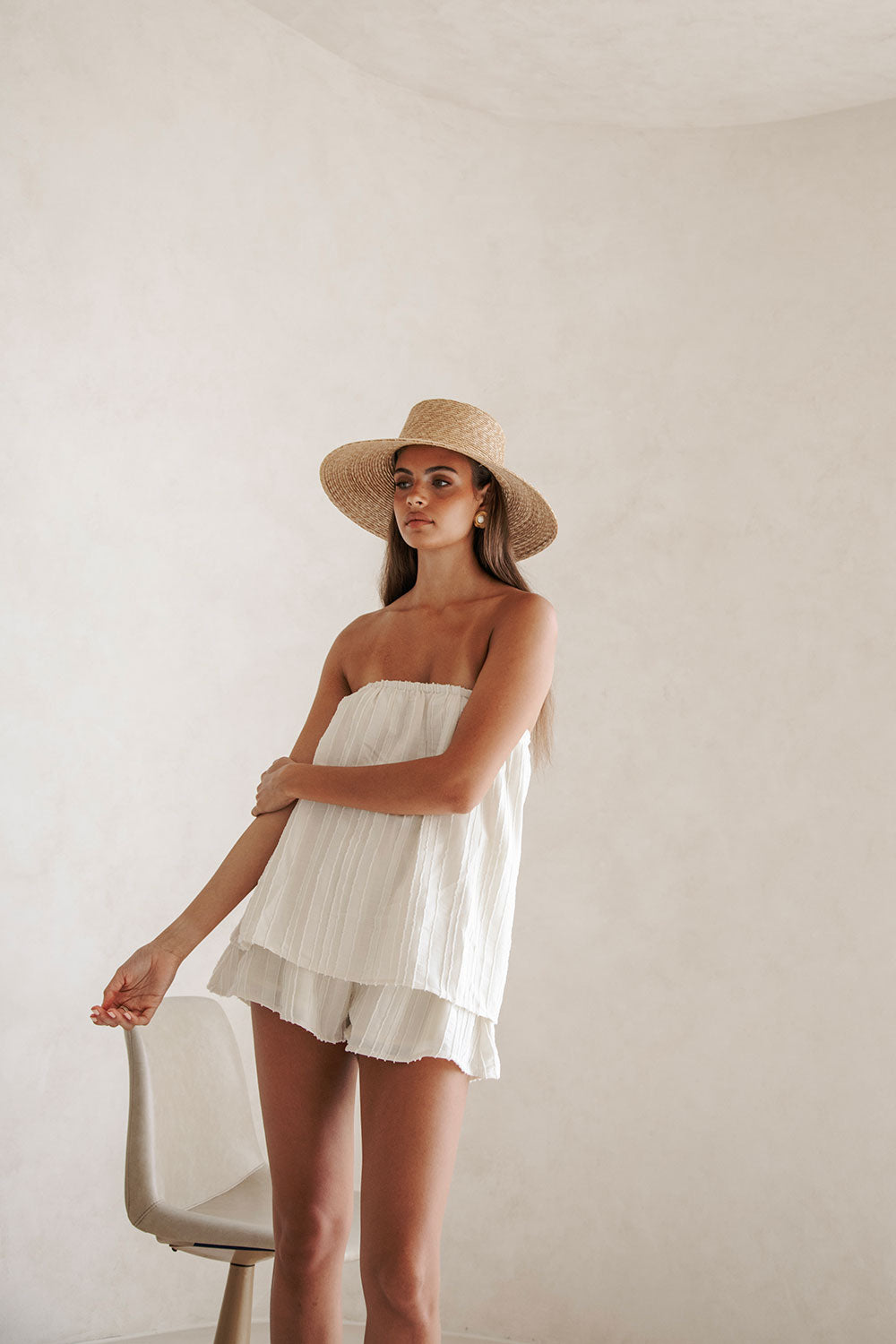 Exclusively Designed Cream Textured Vertical Stripes Strapless Sophie Playsuit
