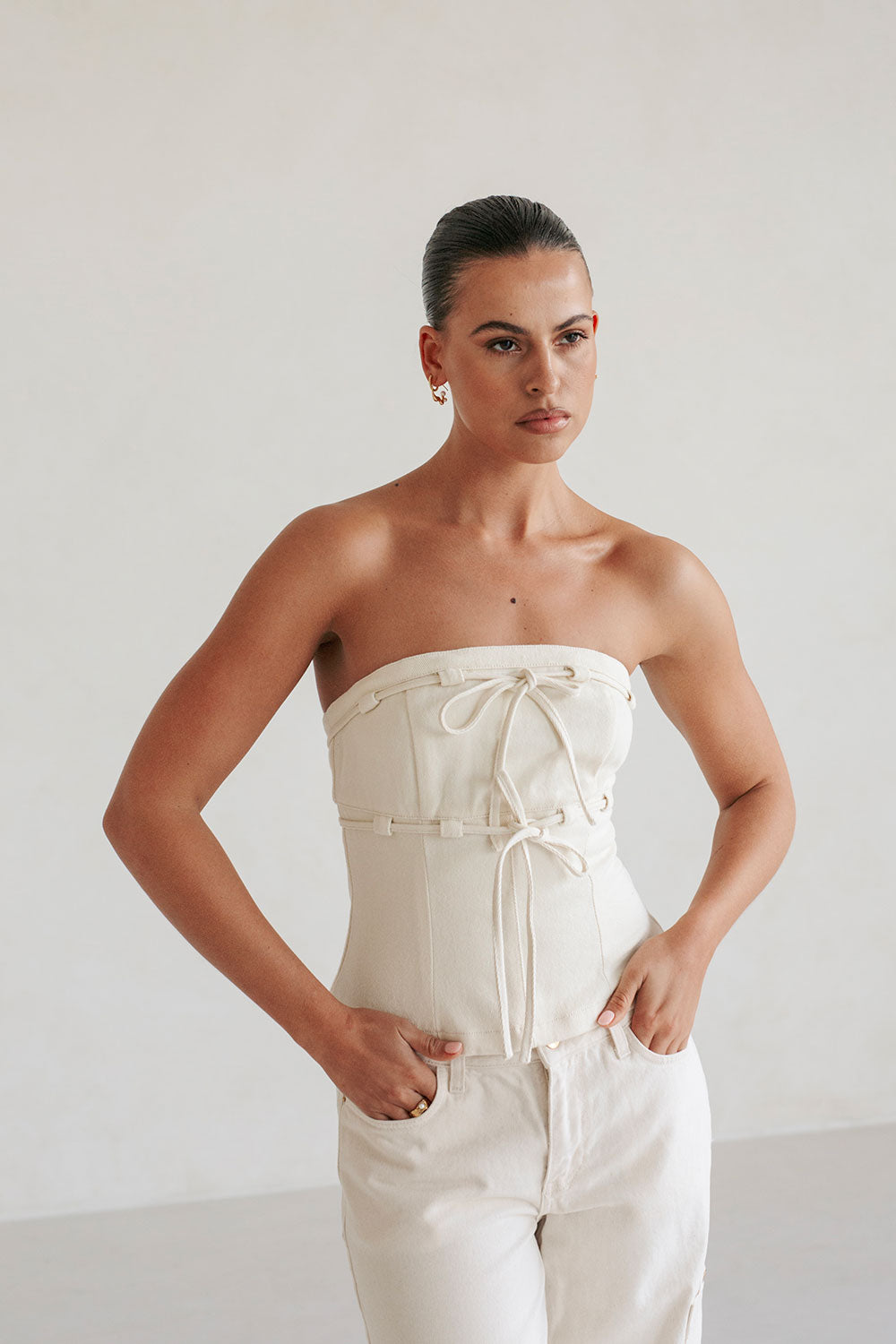 Beige Strapless Fiore Top with Tab and Tie Details