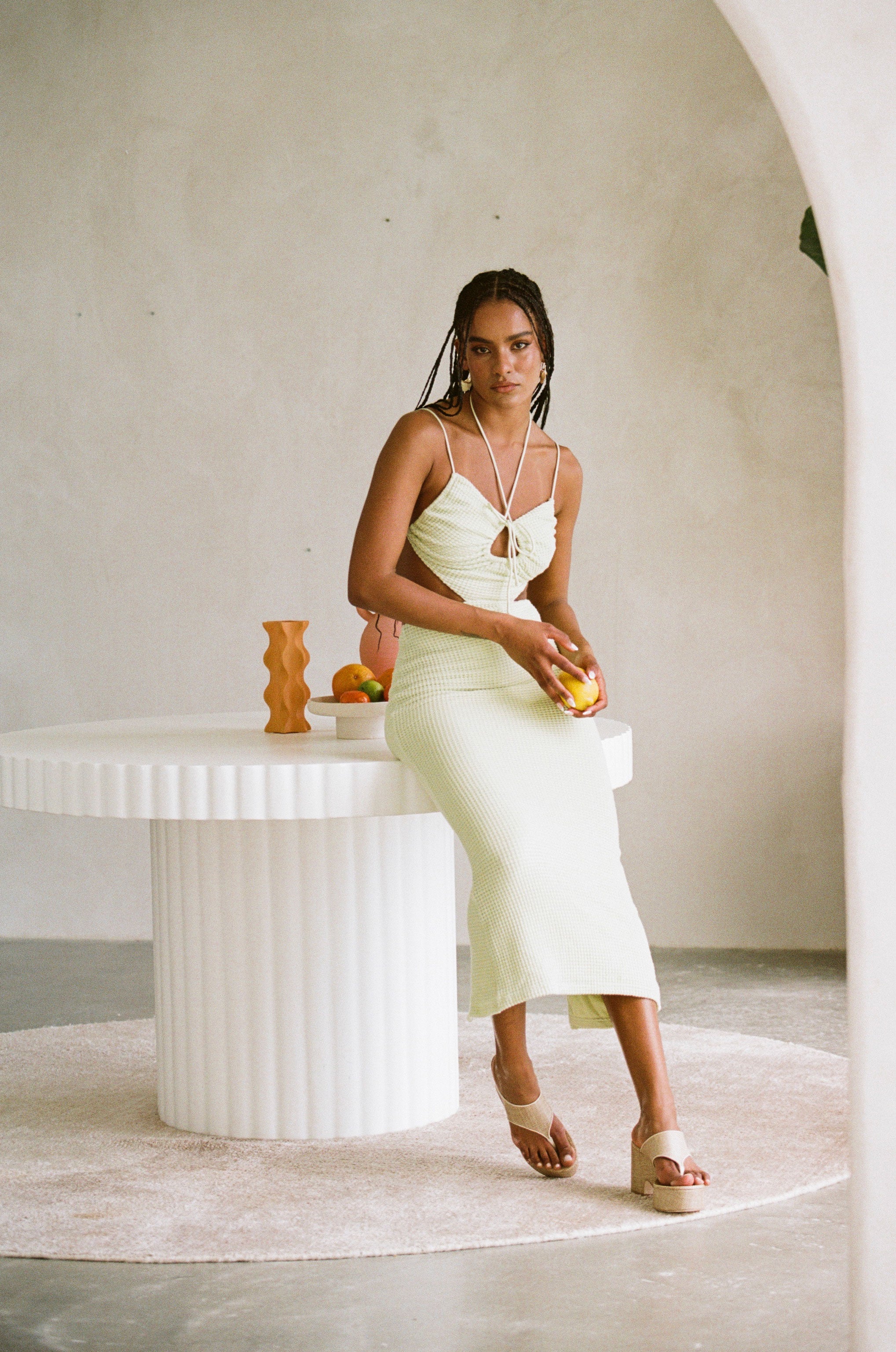 Soft Mint Stretch Fernanda Midi Dress with Sexy Cutouts