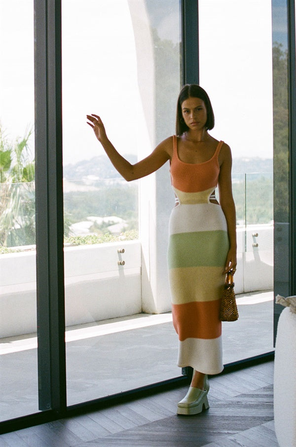 Stylish London Natural Knitted Cotton Dress in Earth Tones - Burnt Orange, Green, Cream, and Yellow