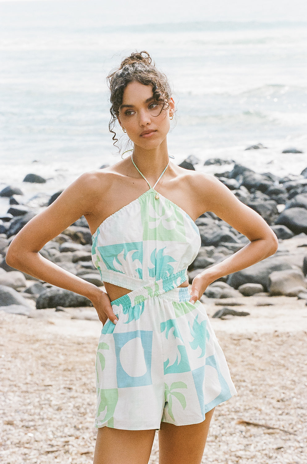 Women's Exclusive Palm Tile Breeze Print Madeira Playsuit for Fashionable Outfits