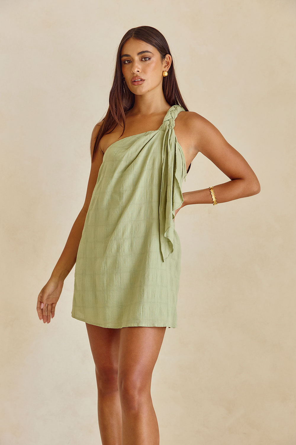 Soft Green Natural Cotton Grazia Plait - Strapped Mini Dress