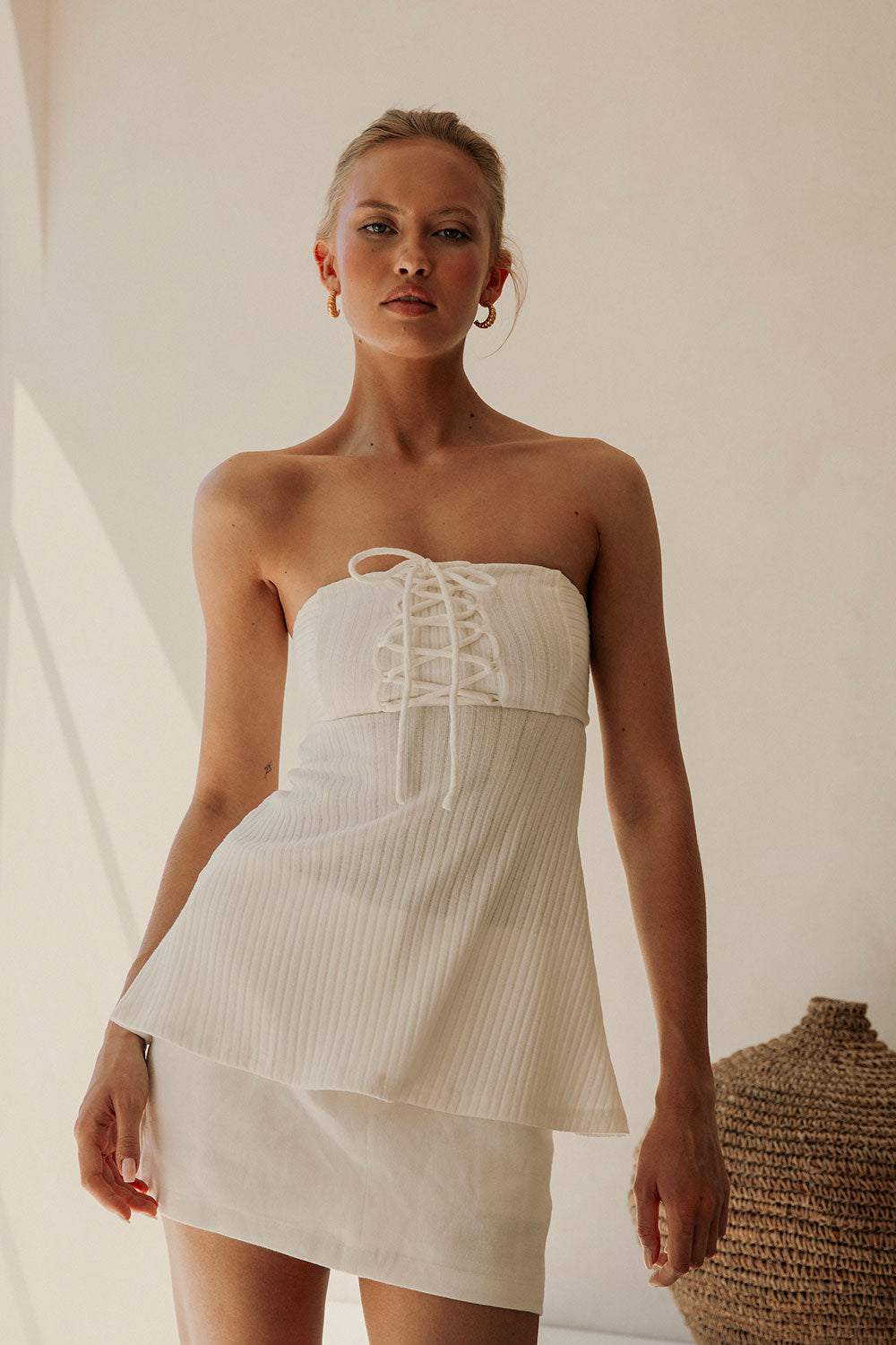 Soft White Rib Strapless Catania Longline Flared Hem Top
