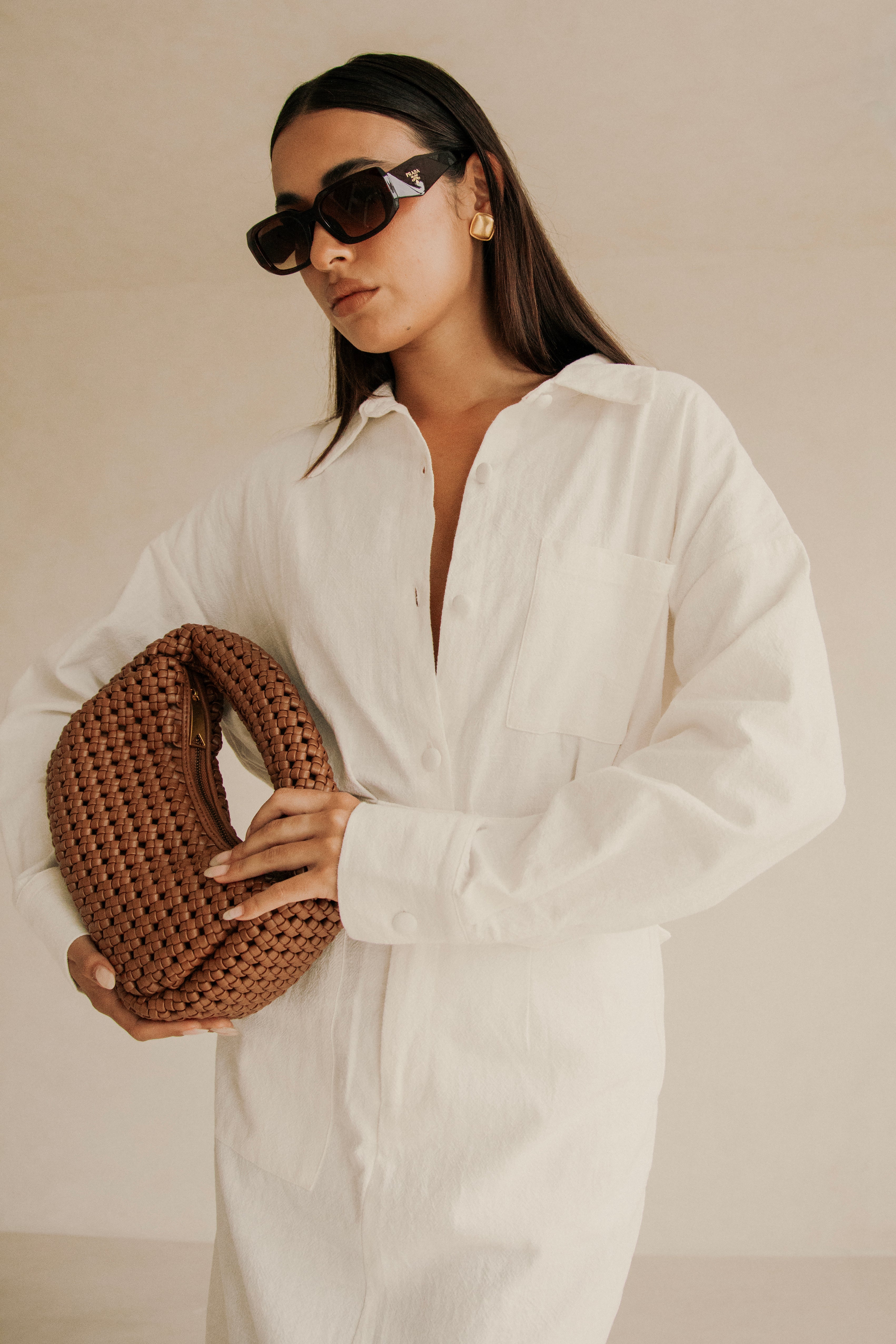White Natural Ramie Cotton Blend Relaxed Mila Top with Collar and Pocket