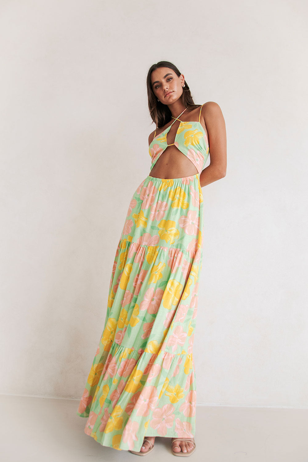 High - Quality Viscose Linen Blend Addis Dress with Rose Fill Print in Green