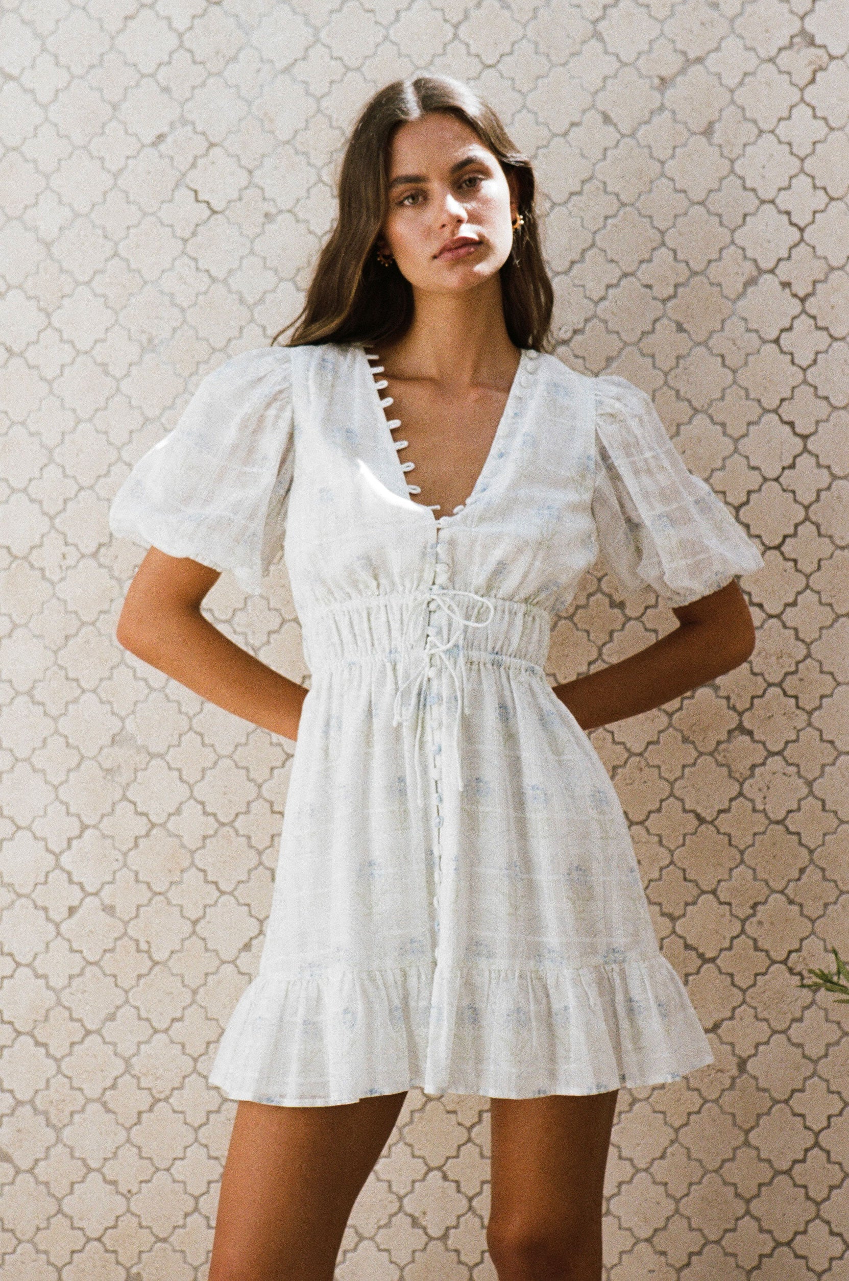 Exquisite Sabo-Designed Savina Dress with Dainty Bouquet Print